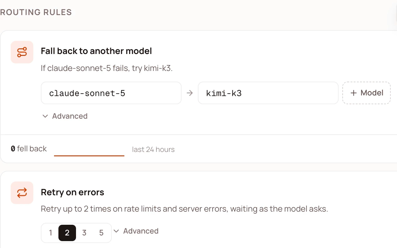 A gateway's routing rules in the console: fall back to another model, and retry on errors.